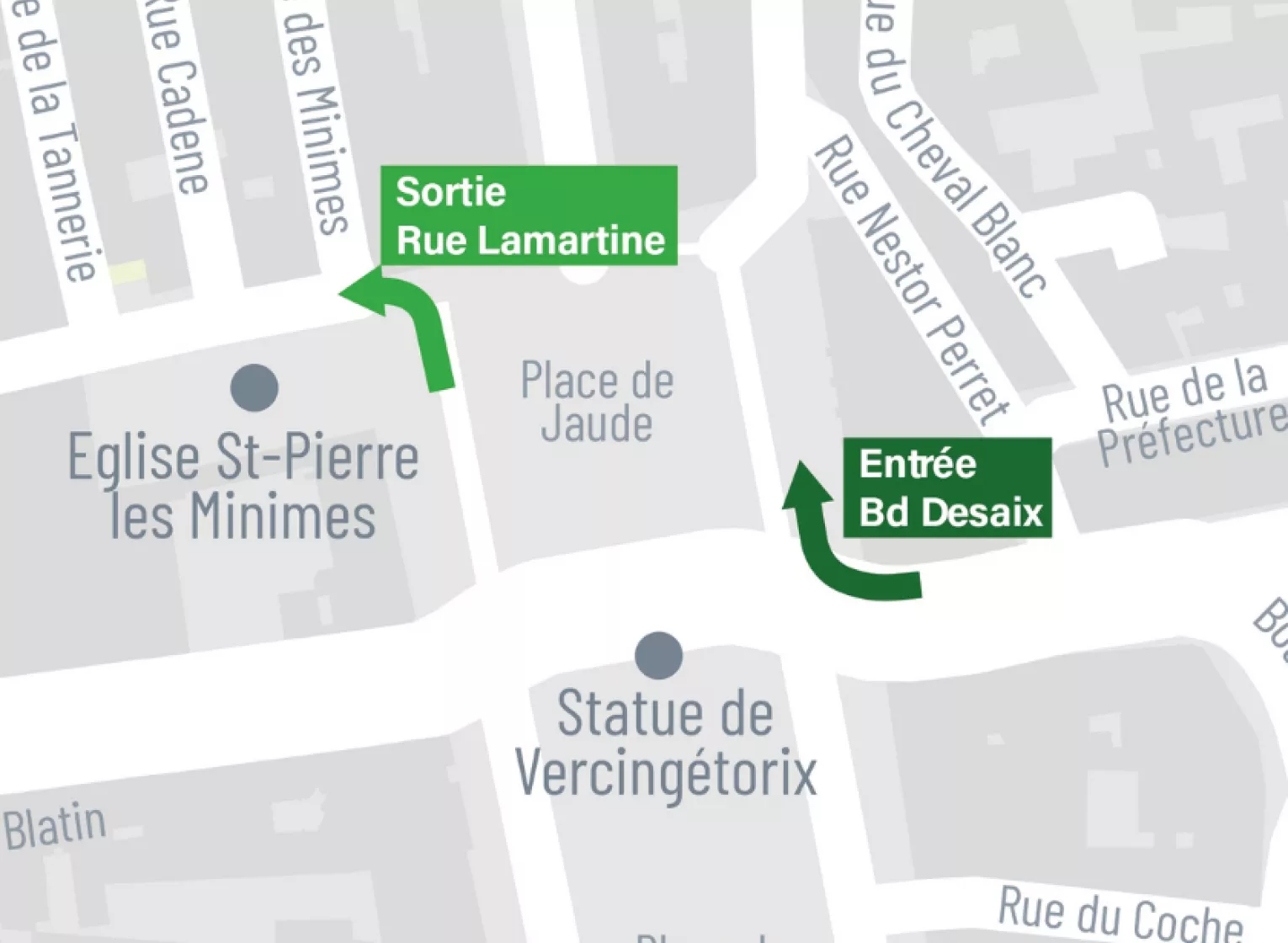 Carte d'accès au Parking Vercingétorix à Clermont-Ferrand, montrant l'entrée Boulevard Desaix et la sortie Rue Lamartine près de la Place de Jaude.